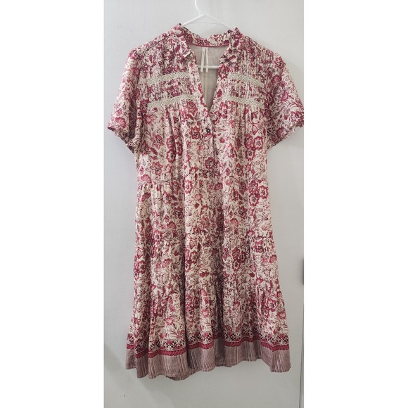 Anthropologie Dresses & Skirts - Anthropologie Red Floral Tiered Cotton Mini Dress Lace Trim Boho Womens Medium